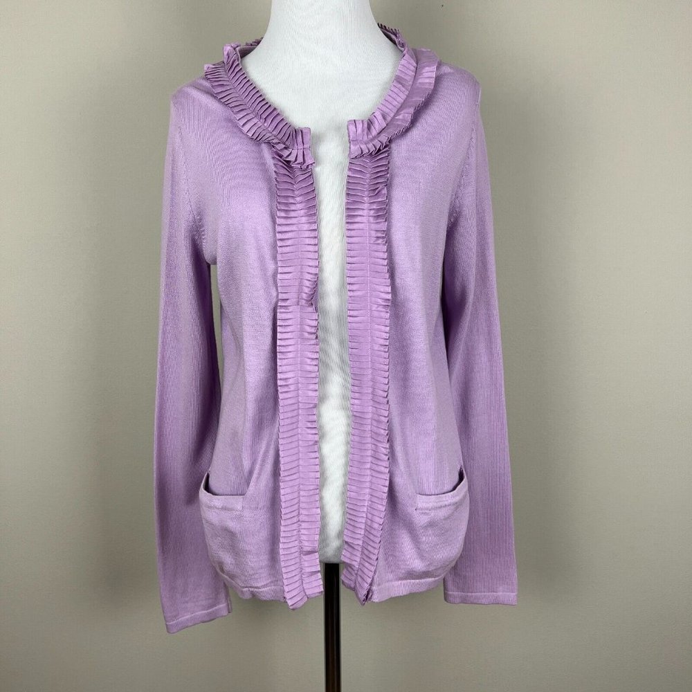 Talbots Cardigan Sweater Womens Petite Small Purple Long Sleeve Ruffle Knit Open